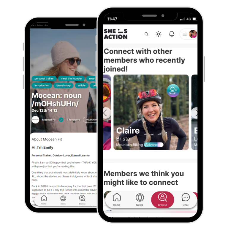 Example mobile screens of the She Is Action global social networking platform for women's sports and adventure